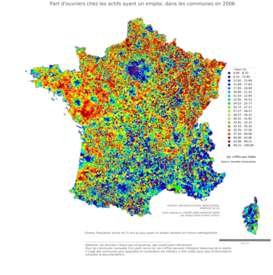 Part d'ouvriers chez les actifs ayant un emploi - com2006
Mots-clés: profession;sexe;femmes;classes populaires;communes