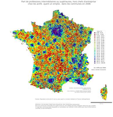 Part de professions intermédiaires ou supérieures, hors chefs d'entreprise chez les actifs ayant un emploi - com2006
Mots-clés: profession;sexe;femmes;classes supérieures;communes