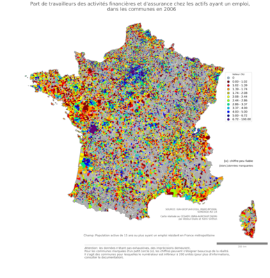 Part de travailleurs des activités financières et d'assurance chez les actifs ayant un emploi - com2006
Mots-clés: secteur d-activité;communes