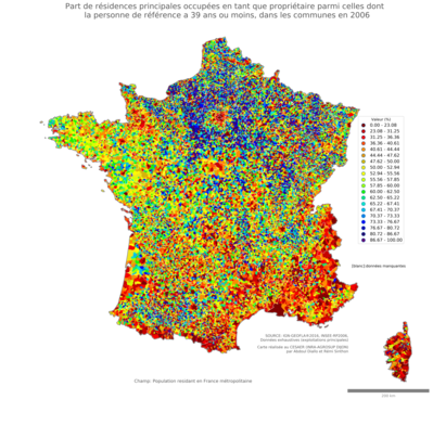 Part de résidences principales occupées en tant que propriétaire parmi celles dont la personne de référence a 39 ans ou moins - com2006
Mots-clés: résidence et logement;profession;conditions d-existence;communes