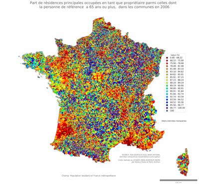 Part de résidences principales occupées en tant que propriétaire parmi celles dont la personne de référence a 65 ans ou plus - com2006
Mots-clés: résidence et logement;âge;conditions d-existence;communes