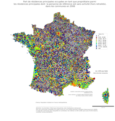 Part de résidences principales occupées en tant que propriétaire parmi les résidences principales dont la personne de référence est sans activité (hors retraités) - com2006
Mots-clés: résidence et logement;chômage;conditions d-existence;classes populaires;communes