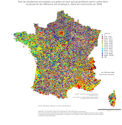 Part de résidences principales occupées en tant que propriétaire parmi celles dont la personne de référence est employé.e - com2006
Mots-clés: résidence et logement;profession;conditions d-existence;classes populaires;communes