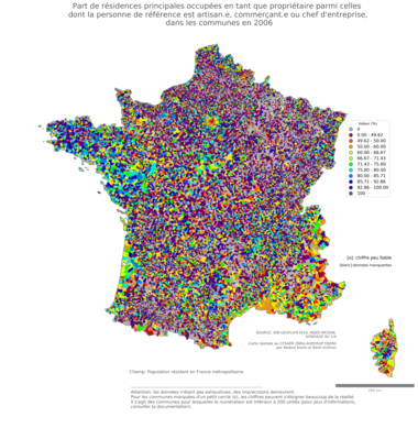 Part de résidences principales occupées en tant que propriétaire parmi celles dont la personne de référence est artisan.e, commerçant.e ou chef d'entreprise - com2006
Mots-clés: résidence et logement;profession;conditions d-existence;fonction publique ou indépendance;communes