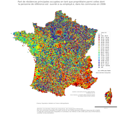 Part de résidences principales occupées en tant que propriétaire parmi celles dont la personne de référence est ouvrièr.e ou employé.e - com2006
Mots-clés: résidence et logement;profession;conditions d-existence;classes populaires;communes