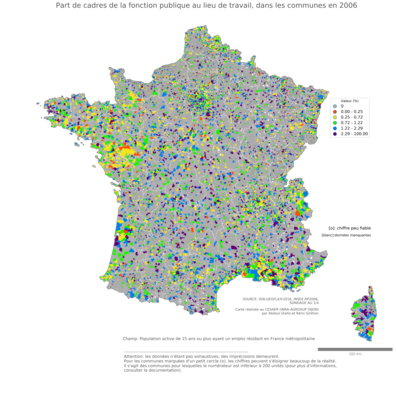 Part de cadres de la fonction publique au lieu de travail - com2006
Mots-clés: profession;lieu de travail;classes supérieures;fonction publique ou indépendance;communes