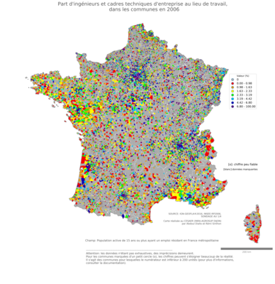 Part d'ingénieurs et cadres techniques d'entreprise au lieu de travail - com2006
Mots-clés: profession;lieu de travail;classes supérieures;communes