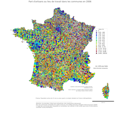 Part de commerçants et assimilés au lieu de travail - com2006
Mots-clés: profession;lieu de travail;fonction publique ou indépendance;communes