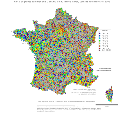 Part d'employés administratifs d'entreprise au lieu de travail - com2006
Mots-clés: profession;lieu de travail;classes populaires;communes