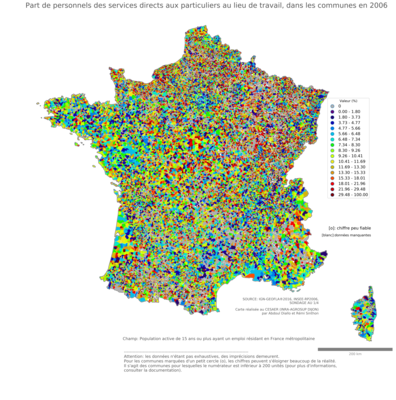 Part de personnels des services directs aux particuliers au lieu de travail - com2006
Mots-clés: profession;lieu de travail;classes populaires;communes