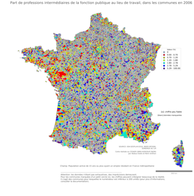 Part de professions intermédiaires de la fonction publique au lieu de travail - com2006
Mots-clés: profession;lieu de travail;fonction publique ou indépendance;communes