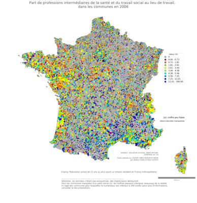 Part de professions intermédiaires de la santé et du travail social au lieu de travail - com2006
Mots-clés: profession;lieu de travail;communes