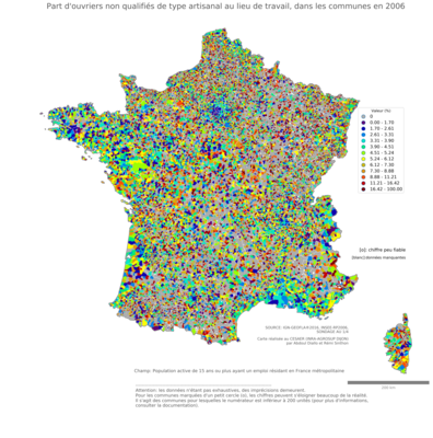 Part d'ouvriers non qualifiés de type artisanal au lieu de travail - com2006
Mots-clés: profession;lieu de travail;classes populaires;communes