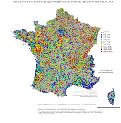 Part d'ouvriers non qualifiés de type industriel au lieu de travail - com2006
Mots-clés: profession;lieu de travail;classes populaires;communes