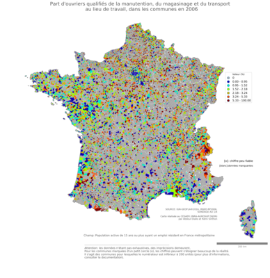 Part d'ouvriers qualifiés de la manutention, du magasinage et du transport au lieu de travail - com2006
Mots-clés: profession;lieu de travail;classes populaires;communes