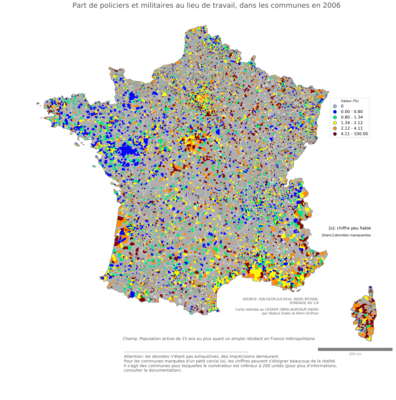 Part de policiers et militaires au lieu de travail - com2006
Mots-clés: profession;lieu de travail;classes populaires;communes