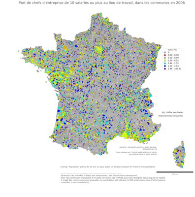 Part de chefs d'entreprise de 10 salariés ou plus au lieu de travail - com2006
Mots-clés: profession;lieu de travail;classes supérieures;fonction publique ou indépendance;communes