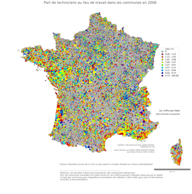 Part de techniciens au lieu de travail - com2006
Mots-clés: profession;lieu de travail;communes