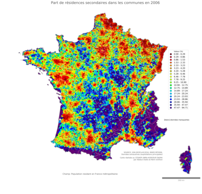 Part de résidences secondaires - com2006
Mots-clés: résidence et logement;conditions d-existence;classes supérieures;revenus et patrimoine;communes