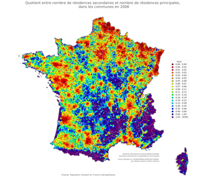 Quotient entre nombre de résidences secondaires et nombre de résidences principales - com2006
Mots-clés: ;communes