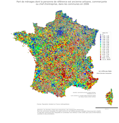 Part de ménages dont la personne de référence est ancienne artisane, commerçante ou chef d'entreprise - com2006
Mots-clés: profession;âge;fonction publique ou indépendance;communes