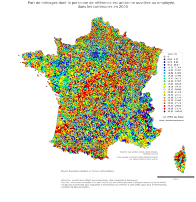 Part de ménages dont la personne de référence est ancienne ouvrière ou employée - com2006
Mots-clés: profession;âge;classes populaires;communes