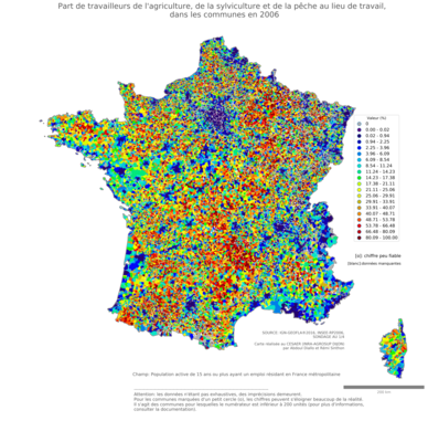 Part de travailleurs de l'agriculture, de la sylviculture et de la pêche au lieu de travail - com2006
Mots-clés: secteur d-activité;lieu de travail;communes