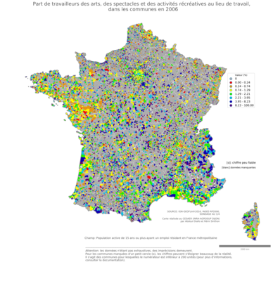 Part de travailleurs des arts, des spectacles et des activités récréatives au lieu de travail - com2006
Mots-clés: secteur d-activité;lieu de travail;communes