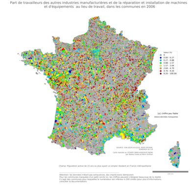 Part de travailleurs des autres industries manufacturières et de la réparation et installation de machines et d'équipements au lieu de travail - com2006
Mots-clés: secteur d-activité;lieu de travail;communes