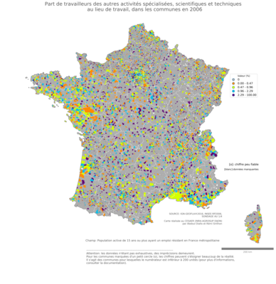 Part de travailleurs des autres activités spécialisées, scientifiques et techniques au lieu de travail - com2006
Mots-clés: secteur d-activité;lieu de travail;communes