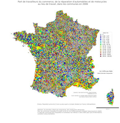 Part de travailleurs du commerce, de la réparation d'automobiles et de motocycles au lieu de travail - com2006
Mots-clés: secteur d-activité;lieu de travail;communes