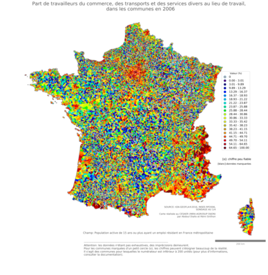 Part de travailleurs du commerce, des transports et des services divers au lieu de travail - com2006
Mots-clés: secteur d-activité;lieu de travail;communes