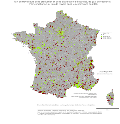 Part de travailleurs de la production et de la distribution d'électricité, de gaz, de vapeur et d'air conditionné au lieu de travail - com2006
Mots-clés: secteur d-activité;lieu de travail;communes