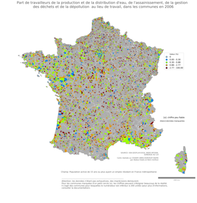 Part de travailleurs de la production et de la distribution d'eau, de l'assainissement, de la gestion des déchets et de la dépollution au lieu de travail - com2006
Mots-clés: secteur d-activité;lieu de travail;communes