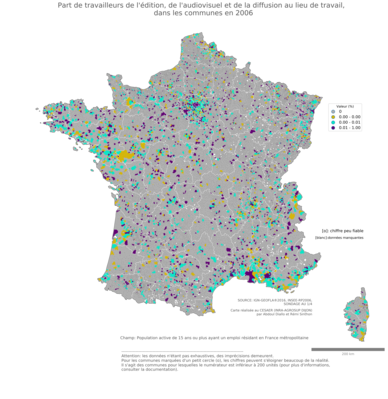 Part de travailleurs de l'édition, de l'audiovisuel et de la diffusion au lieu de travail - com2006
Mots-clés: secteur d-activité;lieu de travail;communes