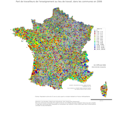 Part de travailleurs de l'enseignement au lieu de travail - com2006
Mots-clés: secteur d-activité;lieu de travail;fonction publique ou indépendance;communes