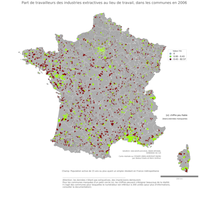 Part de travailleurs des industries extractives au lieu de travail - com2006
Mots-clés: secteur d-activité;lieu de travail;communes