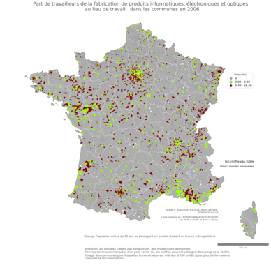 Part de travailleurs de la fabrication de produits informatiques, électroniques et optiques au lieu de travail - com2006
Mots-clés: secteur d-activité;lieu de travail;communes