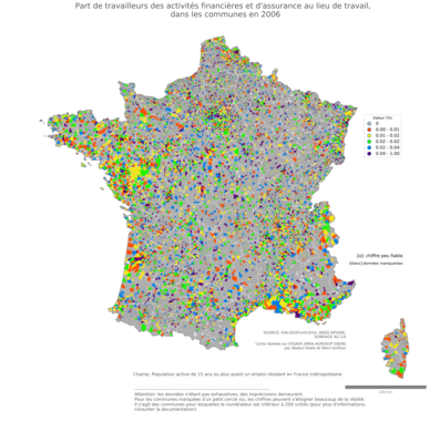 Part de travailleurs des activités financières et d'assurance au lieu de travail - com2006
Mots-clés: secteur d-activité;lieu de travail;communes