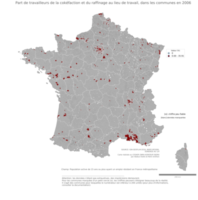 Part de travailleurs de la cokéfaction et du raffinage au lieu de travail - com2006
Mots-clés: secteur d-activité;lieu de travail;communes