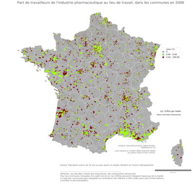 Part de travailleurs de l'industrie pharmaceutique au lieu de travail - com2006
Mots-clés: secteur d-activité;lieu de travail;communes