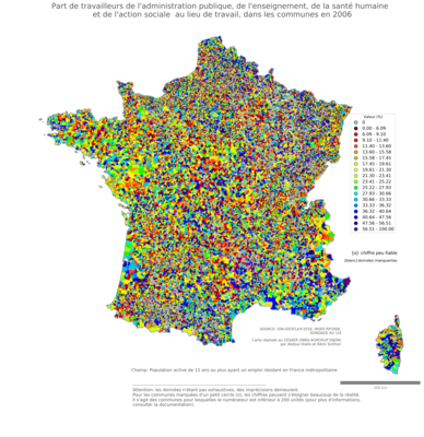 Part de travailleurs de l'administration publique, de l'enseignement, de la santé humaine et de l'action sociale au lieu de travail - com2006
Mots-clés: secteur d-activité;lieu de travail;fonction publique ou indépendance;communes