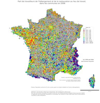 Part de travailleurs de l'hébergement et de la restauration au lieu de travail - com2006
Mots-clés: secteur d-activité;lieu de travail;communes