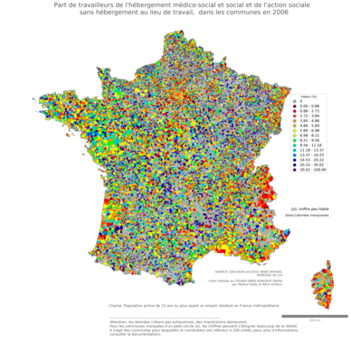 Part de travailleurs de l'hébergement médico'social et social et de l'action sociale sans hébergement au lieu de travail - com2006
Mots-clés: secteur d-activité;lieu de travail;fonction publique ou indépendance;communes