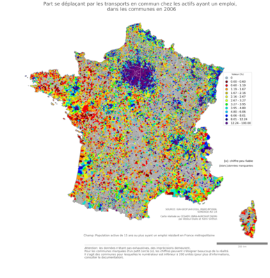 Part se déplaçant par les transports en commun chez les actifs ayant un emploi - com2006
Mots-clés: transports;communes