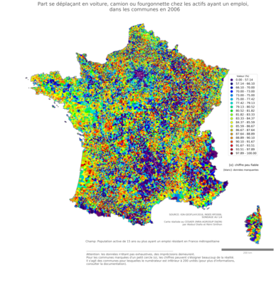 Part se déplaçant en voiture, camion ou fourgonnette chez les actifs ayant un emploi - com2006
Mots-clés: transports;communes