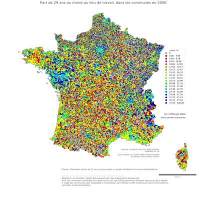 Part de 29 ans ou moins au lieu de travail - com2006
Mots-clés: âge;lieu de travail;communes