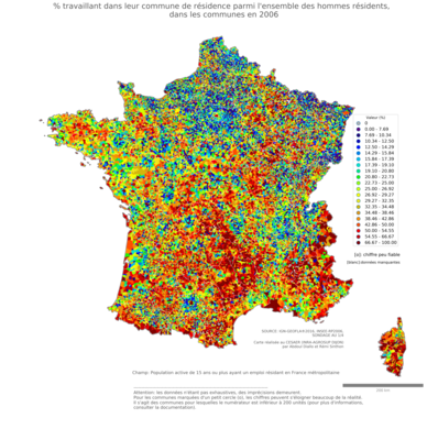 % travaillant dans leur commune de résidence parmi l'ensemble des hommes résidents - com2006
Mots-clés: résidence et logement;sexe;hommes;communes