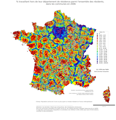 % travaillant hors de leur département de résidence parmi l'ensemble des résidents - com2006
Mots-clés: résidence et logement;communes