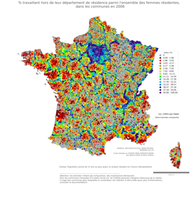 % travaillant hors de leur département de résidence parmi l'ensemble des femmes résidentes - com2006
Mots-clés: résidence et logement;sexe;femmes;communes